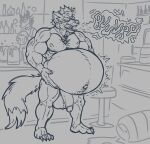 anthro background_character balls bar belly big_belly bloated burping canid canine canis chest_tuft duo eggo21 eye_patch eyewear genitals hi_res holding_belly male mammal musclegut muscular muscular_arms muscular_legs muscular_male navel nintendo open_mouth outie_navel overweight overweight_male pecs penis solo_focus standing star_fox tongue tongue_out tuft wolf wolf_o&#039;donnell