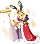  1girl animal-themed_footwear animal_ears animal_slippers arched_crown black_pantyhose blonde_hair bright_pupils bunny_slippers cape crown disgaea disgaea_rpg earmuffs full_body fur-trimmed_jacket fur-trimmed_sleeves fur_trim glint harada_takehito highres holding jacket jitome leotard long_sleeves non-web_source official_art open_mouth pantyhose photoshop_(medium) rabbit_earmuffs rabbit_ears rabbits_foot red_crown red_eyes short_eyebrows short_hair slippers solo sparkle standing transparent_background usalia_(disgaea) white_leotard yellow_jacket 