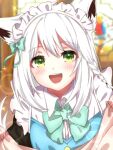  1girl alternate_costume animal_ear_fluff animal_ears bangs bloom blurry blurry_background blush bow bowtie braid commentary_request earrings enmaided eyebrows_visible_through_hair fox_ears fox_girl green_bow green_bowtie green_eyes hair_between_eyes hibarino_tuyuri hololive jewelry looking_at_viewer maid maid_headdress open_mouth shirakami_fubuki sidelocks single_braid smile solo virtual_youtuber white_hair 