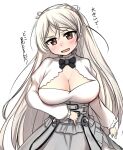 1girl bangs black_neckwear blush breasts brown_eyes cleavage conte_di_cavour_(kancolle) dress eyebrows_visible_through_hair kantai_collection large_breasts long_hair long_sleeves open_mouth rakuto89 simple_background solo translated upper_body very_long_hair white_background white_hair 