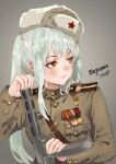  1945 1girl army copyright_request fur_hat gun haseski hat long_hair medal military military_hat military_uniform nanaha_redstar ppsh-41 red_star russian_text smile soldier soviet soviet_army submachine_gun translated tuziki_san uniform ushanka virtual_youtuber weapon 