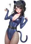 1girl animal_ears belt black_belt black_eyes black_hair blue_leotard breasts cat_ears cat_tail cleavage commentary_request deadnooodles eyebrows_visible_through_hair fake_animal_ears fishnet_legwear fishnets highleg highleg_leotard highres idolmaster idolmaster_shiny_colors kazano_hiori leotard looking_at_viewer medium_breasts mole mole_under_mouth open_mouth pantyhose paw_pose ponytail simple_background solo tail white_background 