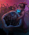 ambiguous_anthro ambiguous_gender anthro background_character bell bell_collar blue_eyes blue_tongue blurred_background closed_smile collar duo_focus eeveelution eyes_closed fur generation_2_pokemon generation_6_pokemon group hi_res inside_stomach internal licking licking_lips licking_own_lips mouth_closed narrowed_eyes nintendo nude party pink_body pink_fur pokemon pokemon_(species) roobin smile standing sylveon tongue tongue_out typhlosion vore white_body white_fur