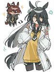  2girls agnes_tachyon_(umamusume) agnes_tachyon_(umamusume)_(cosplay) ahoge animal_ears black_coat black_hair black_necktie black_shirt brown_hair chibi coat cosplay costume_switch cropped_legs earrings emne hair_between_eyes horse_ears horse_girl horse_tail jewelry lab_coat long_bangs long_hair manhattan_cafe_(umamusume) manhattan_cafe_(umamusume)_(cosplay) multiple_girls necktie shirt short_hair simple_background sleeves_past_fingers sleeves_past_wrists sweater_vest tail tassel tassel_earrings umamusume white_background white_coat yellow_eyes yellow_sweater_vest 
