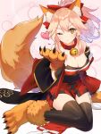  1girl absurdres animal_ears animal_hands bare_shoulders bell black_legwear breasts cleavage collar detached_sleeves eyebrows_visible_through_hair fate/grand_order fate_(series) fox_ears fox_girl fox_tail gloves heart highres japanese_clothes jingle_bell kimono large_breasts neck_bell one_eye_closed paw_gloves pink_background pink_hair ponytail red_collar red_kimono short_hair sitting slit_pupils solo tail tamamo_(fate) tamamo_cat_(fate) wattyon01 white_legwear yellow_eyes 