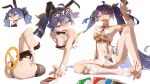  1girl :&lt; absurdres ahoge alternate_costume ancient_greek_clothes animal_ear_hairband animal_ears ass bare_legs bare_shoulders black_bow black_bowtie black_leotard black_thighhighs blue_eyes blue_hair blush bow bowtie breasts card closed_mouth commentary fake_animal_ears feet fried_frog gold_bra greco-roman_clothes hairband hand_up head_wreath highres holding holding_card holding_with_feet iuno_(wuthering_waves) jewelry legs leotard long_hair looking_at_viewer medium_breasts mouth_hold multiple_views open_mouth playboy_bunny pout rabbit_ear_hairband rabbit_ears simple_background smile strapless strapless_leotard tacet_mark_(wuthering_waves) thighhighs thighs toe_ring toes twintails underboob uno_(game) v-shaped_eyebrows very_long_hair white_background white_wrist_cuffs wrist_cuffs wuthering_waves 