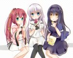  3girls aqua_eyes ascot black_ascot black_camisole black_choker black_hair black_hairband black_pantyhose black_skirt blue_capelet blue_eyes blush breasts camisole capelet cherry_blossom_print chips_(food) choker closed_mouth commentary_request eating eyes_visible_through_hair feet_out_of_frame floral_print floral_print_kimono food frilled_capelet frilled_choker frills hair_behind_ear hair_between_eyes hair_ornament hairband hairclip hand_up highres holding holding_food holding_popsicle hood hood_down hooded_kimono japanese_clothes kamiyama_shiki kimono kushima_kamome long_hair long_sleeves looking_at_viewer medium_breasts medium_skirt miniskirt multiple_girls naruse_shiroha onigiri open_clothes open_kimono open_mouth pantyhose parallel_hairclips pink_kimono polka_dot polka_dot_background ponytail popsicle potato_chips print_kimono puffy_short_sleeves puffy_sleeves red_hair ribbon sailor_collar school_uniform serafuku shirt short_sleeves side-by-side sidelocks signature simple_background sitting skirt skull_and_crossbones smile straight_hair summer_pockets summer_pockets_school_uniform tareme tassel tassel_hair_ornament triangle_mouth ura_(ura-tennislove) very_long_hair watermelon_bar white_background white_hair white_ribbon white_sailor_collar white_serafuku white_shirt white_skirt wide_sleeves yellow_eyes 