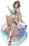  1girl 1other alternate_costume anklet bikini black_hair black_sandals blush bracelet breasts flip-flops flower frilled_thigh_strap green_bikini grey_eyes hair_flower hair_ornament highres jewelry large_breasts looking_at_viewer momdy_(talesshinja) navel one_eye_closed open_mouth pokemon pokemon_(creature) popplio sandals selene_(pokemon) side-tie_bikini_bottom simple_background smile standing swimsuit thigh_strap unworn_eyewear white_background 