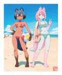  3girls animal_ears ball beach beachball bikini blue_hair blue_sky brand_new_animal cloud day fox_ears fox_girl fox_tail frilled_bikini frills full_body furry furry_female green_bikini green_eyes hiwatashi_nazuna holding holding_ball holding_beachball kagemori_michiru looking_at_viewer michirutnk multiple_girls navel ocean outdoors pink_hair raccoon_ears raccoon_girl raccoon_tail red_bikini red_eyes short_hair sidelocks sky standing swimsuit tail v 