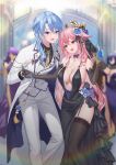  1boy 1girl :d absurdres bare_shoulders black_choker black_dress black_garter_straps black_gloves black_thighhighs blue_gemstone blue_hair blurry blurry_background bow bowtie breasts champagne_flute choker cleavage collarbone commentary_request cup dress drinking_glass elbow_gloves garter_straps gem genshin_impact gloves grey_gloves hair_between_eyes hand_up highres holding holding_cup holding_hands hydro_symbol_(genshin_impact) indoors jacket kamisato_ayato kamizo0456 korean_commentary lapels large_breasts leaning_forward long_hair long_sleeves looking_at_another notched_lapels open_mouth pants plunging_neckline purple_bow purple_bowtie purple_eyes purple_gemstone sideboob sleeveless sleeveless_dress smile suit thighhighs very_long_hair vision_(genshin_impact) white_jacket white_pants white_suit yae_miko 