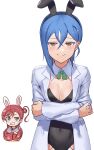  2girls animal_ears bad_id bad_twitter_id blue_eyes blue_hair breasts cleavage closed_mouth crossed_arms detached_collar earrings hair_between_eyes hair_bun highres jewelry jyon lab_coat leotard love_live! love_live!_superstar!! medium_breasts multiple_girls open_mouth playboy_bunny rabbit_ears red_hair simple_background single_side_bun smile wakana_shiki white_background yellow_eyes yoneme_mei 