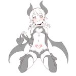  1girl :d @_@ bad_id bad_pixiv_id bangs bare_shoulders blush boots bridal_gauntlets clothing_cutout demon_girl demon_horns demon_tail demon_wings earrings eyebrows_visible_through_hair full_body greyscale heart_cutout holding_tail horns idolmaster idolmaster_cinderella_girls jewelry long_hair looking_at_viewer monochrome morikubo_nono navel nose_blush open_mouth pubic_tattoo ringlets simple_background sitting smile solo tail tattoo thighhighs thighhighs_under_boots uccow wariza white_background wings 