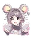  1girl absurdres black_gloves braid brown_eyes brown_hair clenched_hands commentary_request cropped_torso fingerless_gloves fur-trimmed_jacket fur_trim gloves hair_intakes hands_up highres jacket light_blush looking_at_viewer low_twin_braids lumi_(wuthering_waves) open_mouth pink_jacket simpelplant smile solo thick_eyebrows twin_braids uissu white_background wuthering_waves 
