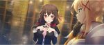  2girls armor black_gloves black_shirt blonde_hair blouse blue_eyes boobplate bow braid breasts brick_wall brown_hair cleavage_cutout clothing_cutout crossed_bangs crown_braid darkness_(konosuba) furrowed_brow game_cg gloves hair_between_eyes hair_bow hair_ornament hair_over_shoulder hair_ribbon hand_on_own_chin hands_up highres index_fingers_together indoors kono_subarashii_sekai_ni_shukufuku_wo! konosuba!_fantastic_days large_breasts light_blush long_hair long_sleeves looking_at_another low_twintails multiple_girls neck_ribbon necktie official_art open_mouth pauldrons pink_necktie red_bow red_eyes red_ribbon ribbon shirt short_necktie shoulder_armor single_pauldron sparkle stroking_own_chin twintails window wispy_bangs x_hair_ornament yunyun_(konosuba) 