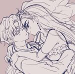  1boy 1girl alien_stage bridal_veil commentary couple dress earrings elbow_gloves gloves hetero hug hyuna_(alien_stage) jewelry light_blush long_hair looking_at_another lubya luka_(alien_stage) monochrome necktie ring short_hair sketch smile strapless strapless_dress suit tassel tassel_earrings thick_eyebrows upper_body veil wedding_dress wedding_ring 