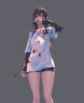  1girl 23i2ko black_shorts black_sleeves blood blood_on_clothes blood_on_face blood_on_weapon blunt_bangs boxcutter brown_eyes brown_hair covering_own_mouth feet_out_of_frame from_below grey_background hair_over_shoulder highres holding holding_boxcutter long_hair looking_at_viewer original shirt shorts simple_background solo t-shirt weapon white_shirt 
