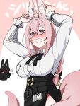  2girls animal_ear_fluff animal_ears arms_up black-framed_eyewear black_hair black_ribbon black_skirt blush bracelet breasts collarbone collared_shirt extra_ears eyebrows_hidden_by_hair fox_ears fox_girl fox_tail glasses gold_ring hair_ornament hair_ribbon hand_on_own_ear high-waist_skirt highres hoshimi_miyabi jewelry large_breasts long_hair long_sleeves looking_at_viewer multiple_girls neck_ribbon nose_blush panties pantyshot pencil_skirt pink_background pink_hair purple_eyes red_eyes red_panties ribbon shirt skirt standing tail teeth tsukishiro_yanagi underwear v white_background white_shirt yunomi_(yunomi1129) zenless_zone_zero 