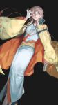  1boy adjusting_eyewear androgynous black_background blue_eyes blue_kimono book brown_hair bungou_to_alchemist coat dutch_angle feet_out_of_frame flower_knot from_below gloves hair_between_eyes hand_on_eyewear haori highres holding holding_book izumi_kyouka_(bungou_to_alchemist) japanese_clothes kimono leaf_print long_sleeves looking_at_viewer looking_down male_focus maple_leaf_print memdic_(srs00108) monocle open_clothes open_coat orange_coat parted_lips sash short_hair_with_long_locks simple_background smile solo standing sweater_guard tassel two-sided_coat two-sided_fabric white_gloves wide_sleeves yellow_coat yellow_sash 