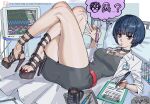  1girl ? ashtray ass bed belt black_dress blue_hair blunt_bangs bob_cut breasts brown_eyes cable cardiogram cigarette cigarette_butt clipboard coffee_mug crossed_legs cup dress fingernails hacksaw high_heels highres holding holding_pen holding_test_tube hospital_bed jewelry lab_coat long_fingernails looking_at_viewer lying medium_breasts mug nail_polish name_tag narrow_waist necklace pen pendant persona persona_5 pillow poechan_chan red_belt red_nails sandals saw scalpel short_dress skull_and_crossbones smoking solo speech_bubble spoken_question_mark stiletto_heels studded_choker syringe takemi_tae test_tube test_tube_rack thought_bubble tray wide_hips 