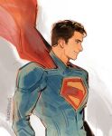  1boy absurdres black_hair blue_bodysuit blue_eyes bodysuit cape closed_mouth commentary dc_comics dc_extended_universe english_commentary from_side highres kaizer_(kaizerxking) male_focus profile red_cape short_hair short_sideburns smile solo superhero_costume superman superman_(2025) superman_(series) superman_logo twitter_username upper_body 
