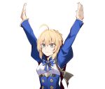  1girl ahoge arms_up artoria_pendragon_(fate) blonde_hair blue_bow blue_bowtie blue_dress bow bowtie breasts commentary dark_souls_(series) dark_souls_i dress english_commentary eri_(erikiri) fate/stay_night fate_(series) green_eyes highres honkai:_star_rail honkai_(series) juliet_sleeves long_sleeves outdoors praise_the_sun puffy_sleeves saber_(fate) saber_(honkai:_star_rail)_(fate) short_hair simple_background sky small_breasts solo upper_body white_background 