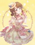  1girl asymmetrical_bangs blunt_bangs boater_hat brown_eyes brown_hair butterfly_ornament closed_mouth cowboy_shot dot_nose dress en_trtr eyelashes flower frilled_gloves frills gloves green_dress hair_bun idolmaster idolmaster_million_live! idolmaster_million_live!_theater_days looking_at_viewer miyao_miya official_alternate_costume official_alternate_hairstyle parted_bangs pink_gloves puffy_short_sleeves puffy_sleeves short_sleeves sidelocks smile solo yellow_background 