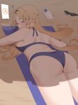  ass ass_focus beach beach_umbrella bikini blonde_hair blue_eyes blush breasts cartethyia_(wuthering_waves) elf highres honnibi long_hair looking_at_viewer looking_back lotion medium_breasts pointy_ears sunglasses sunscreen swimsuit tacet_mark_(wuthering_waves) umbrella unworn_eyewear wuthering_waves 