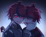  2boys absurdres ahoge blank_eyes blood blood_from_mouth blood_in_mouth blood_on_clothes blood_on_face blood_on_gloves blood_on_teeth blood_string dual_persona evil_grin evil_smile eyeliner gakuran gloves grin hand_on_another&#039;s_face highres hole_in_chest hole_on_body implied_kiss last_defense_academy_school_uniform makeup male_focus multicolored_hair multiple_boys official_alternate_eye_color possessed red_eyeliner red_eyes red_hair school_uniform selfcest short_hair smile spoilers streaked_hair sumino_takumi teeth the_hundred_line_-last_defense_academy- twitter_username upper_body white_gloves yaoi ziling zombie 