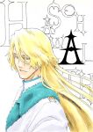  1boy alpen_no_koyari bleach bleach:_sennen_kessen-hen blonde_hair character_name closed_mouth colored_eyelashes commentary expressionless eyebrows_hidden_by_hair eyelashes floating_hair fur-trimmed_jacket fur_trim green_eyes hair_between_eyes highres jacket jugram_haschwalth kubo_tite_(style) long_hair looking_down male_focus military_uniform nose official_style simple_background solo upper_body v-shaped_eyebrows very_long_hair white_background white_jacket 
