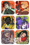  3girls 4boys b0lyachka bandaged_arm bandages behind_another black_gloves black_hair black_lips blonde_hair border brown_hair brown_jacket cat_mask chalk commentary daan_(fear_&amp;_hunger) dark-skinned_male dark_skin drill_hair face_piercing facial_hair fear_&amp;_hunger_(series) fear_&amp;_hunger_2:_termina gloves green_jumpsuit gun handgun hands_up hat heart_(organ) highres holding holding_chalk holding_gun holding_weapon jacket jewelry jumpsuit karin_(fear_&amp;_hunger) levi_(fear_&amp;_hunger) long_hair looking_at_viewer marina_(fear_&amp;_hunger) mask mouth_piercing multiple_boys multiple_girls multiple_rings mustache o&#039;saa_(fear_&amp;_hunger) parted_lips piercing pocketcat_(fear_&amp;_hunger) ponytail profile ring samarie_(fear_&amp;_hunger) scar scar_on_arm short_hair sweat symbol-only_commentary trigger_discipline twin_drills weapon white_border yellow_eyes yellow_hat 