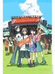  3boys 6+girls :d armpits arms_up bag banner baseball_cap black_eyes black_hair black_shirt blonde_hair blue_pants blue_skirt blue_sky braid brown_hair bucket_hat closed_mouth cloud commentary concert from_behind fujii_ayame full_body futsuu_no_keion-bu grass hand_in_pocket hat hatono_chihiro headscarf heartbreak_(futsuu_no_keion-bu) highres holding_banner kida_taishi kouyama_rin long_hair looking_at_viewer multiple_boys multiple_girls nitta_tamaki open_clothes open_mouth open_shirt outdoors pants pink_shirt purple_eyes purple_hair red_eyes red_hair ribbed_socks shirt shoes short_hair shorts shoulder_bag skirt sky sleeveless sleeveless_shirt smile sneakers socks stage stage_lights standing t-shirt thumbs_up tororo_oishi_ym towel towel_on_head twin_braids twintails twitter_username uchida_momo v walking white_shirt wristband yoshida_kaori 