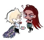  1boy 1girl ? alien_stage back_bow back_cutout black_pants black_tank_top blonde_hair blue_pants bow brown_hair chibi chibi_only clothing_cutout colored_eyelashes crossed_arms dark-skinned_female dark_skin flower grey_eyes heart holding holding_flower hyuna_(alien_stage) long_hair lubya luka_(alien_stage) pants peacock_feathers prosthesis prosthetic_leg shirt short_hair spoken_heart tank_top very_long_hair white_bow white_shirt yellow_eyes 