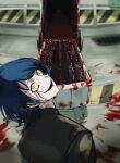 absurdres black_coat blood blood_from_eyes blood_on_ground blood_on_weapon blood_splatter blue_hair caution_tape circular_saw coat constricted_pupils drooling grate graysky_13 highres lobotomy_corporation looking_at_viewer looking_back nugget_(project_moon) pov project_moon saw sewer_grate short_hair singing_machine weapon 
