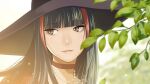  1girl black_hair blurry blurry_background choker crimson_(vtuber) eyebrows_visible_through_hair hat highres indie_virtual_youtuber jewelry large_hat long_hair multicolored_hair necklace parted_lips pearl_necklace pink_lips plant red_choker red_eyes red_hair shiomiya_iruka solo streaked_hair upper_body virtual_youtuber 