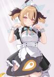  1girl :3 alternate_costume apron back_bow black_dress blonde_hair blue_bow blue_bowtie bow bowtie brown_hair closed_mouth collared_dress commentary cowboy_shot drawn_ears dress english_commentary enmaided frilled_apron frilled_dress frills gigi_murin grem_(gigi_murin) hands_up highres hololive hololive_english looking_at_viewer lynnavtt maid maid_apron maid_headdress multicolored_hair pink_eyes puffy_short_sleeves puffy_sleeves short_dress short_hair short_sleeves short_twintails solo tail twintails two-tone_hair virtual_youtuber white_apron wrist_cuffs 