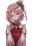  1girl absurdres bangs bow center_frills closed_mouth clothing_cutout flower frills hair_between_eyes hair_flower hair_ornament highres long_sleeves looking_at_viewer miette_(mwi180510) nijisanji nijisanji_en pink_hair puffy_long_sleeves puffy_sleeves red_eyes red_flower red_rose rose rosemi_lovelock short_sidetail shoulder_cutout solo virtual_youtuber white_background 