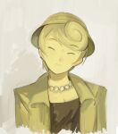  1girl bead_necklace beads blonde_hair collared_coat cropped_torso highres jewelry kornod looking_at_viewer necklace original shirt short_hair solo straight-on strapless strapless_shirt upper_body white_background 