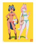  2girls animal_ears ball beachball bikini blue_hair brand_new_animal fox_ears fox_girl fox_tail frilled_bikini frills full_body furry furry_female green_bikini green_eyes hiwatashi_nazuna holding holding_ball holding_beachball kagemori_michiru looking_at_viewer michirutnk multiple_girls navel pink_hair raccoon_ears raccoon_girl raccoon_tail red_bikini red_eyes short_hair sidelocks simple_background standing swimsuit tail v yellow_background 