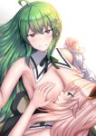  2girls absurdres assault_lily bangs bare_arms bare_shoulders blush breast_grab breasts chin_gero closed_mouth endou_araya eyebrows_visible_through_hair grabbing green_hair hair_ornament hands_up highres large_breasts long_hair looking_at_viewer multiple_girls parted_lips pink_hair purple_eyes simple_background tanaka_ichi white_background yuri 