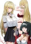  2girls alternate_costume alternate_hairstyle aroused_nosebleed astra_yao black_choker black_hair black_skirt blonde_hair blood bra breasts choker cleavage collared_shirt commentary earrings embarrassed evelyn_chevalier flying_sweatdrops hair_down hairband holding holding_phone jacket jewelry large_breasts long_hair maanu multiple_girls necklace nosebleed panties pearl_necklace phone pleated_skirt purple_eyes red_bra red_eyes red_jacket red_panties shirt skirt symbol-only_commentary taking_picture underwear very_long_hair white_hairband white_shirt zenless_zone_zero 