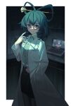  2girls alternate_costume belt bespectacled black_skirt blue_eyes blue_hair blue_shirt brown_pantyhose chinese_commentary closed_mouth coat collared_shirt commentary_request computer glasses hair_ornament hair_rings hair_stick hand_in_pocket highres kaku_seiga lab_coat laptop light_smile long_hair long_sleeves looking_at_viewer minuo miyako_yoshika multiple_girls pantyhose second-party_source shirt skirt solo_focus touhou white_coat 
