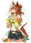  1girl animal_ears artist_name bandeau belt black_skirt blush braid breasts brown_hair clenched_hand cowboy_shot ear_piercing flat_chest grin hair_ornament hairclip half_up_braid hand_on_own_hip highres horse_ears horse_girl horse_tail jacket jungle_pocket_(umamusume) kiikanna long_sleeves looking_at_viewer medium_breasts midriff miniskirt navel notched_ear open_clothes open_jacket outstretched_arm piercing ponytail reaching reaching_towards_viewer short_ponytail skirt smile solo suspender_skirt suspenders tail umamusume white_background yellow_jacket 