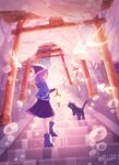 black_cat boots bubble cat cherry_blossoms fish goldfish hat highres holding holding_lantern lantern long_hair looking_at_viewer looking_back no_lineart original outdoors purple_hair sawayuki3 skirt stairs standing torii witch_hat 