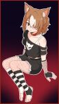  1girl alternate_costume animal_ears belt black_background black_gloves black_shirt black_socks brown_hair camisole clockwork_legacy collar dog_ears dog_girl fingerless_gloves fishnet_gloves fishnet_pantyhose fishnets full_body gloves gradient_background hair_over_one_eye highres indie_virtual_youtuber invisible_chair koragi multicolored_hair off-shoulder_shirt off_shoulder pantyhose red_background red_collar shirt short_hair simple_background sitting skull_print socks stirrup_legwear striped_clothes striped_socks toeless_legwear two-tone_hair virtual_youtuber white_camisole white_hair white_socks 