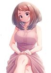  1girl absurdres bare_arms bare_shoulders blush bob_cut boku_no_hero_academia breasts brown_eyes brown_hair buttons closed_mouth crossed_legs daichi_(hayate1328) dress hair_intakes highres knees large_breasts pink_dress short_hair simple_background sitting sleeveless sleeveless_dress smile solo uraraka_ochako white_background 