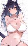  1girl animal_ears arknights arms_behind_back bikini black_hair blaze_(arknights) blue_hair blush breasts closed_mouth collared_shirt cum grey_eyes highres implied_sex jewelry kyuu_(plastic_night_q) large_breasts long_hair looking_at_viewer multicolored_hair navel necklace shirt solo sweat swimsuit two-tone_hair white_bikini 