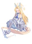  1girl absurdres animal_ear_fluff animal_ears blonde_hair blue_archive book breasts commentary cross_halo detached_sleeves dress ear_wreath extra_ears flower_wreath forehead fox_ears fox_girl gradient_eyes halo high_heels highres holding holding_book looking_at_viewer multicolored_eyes ne.corn pantyhose pinstripe_pantyhose seia_(blue_archive) sideboob sitting sleeve_bow sleeves_past_fingers sleeves_past_wrists small_breasts solo striped_clothes striped_pantyhose vertical-striped_clothes vertical-striped_pantyhose white_dress yellow_eyes yellow_halo 