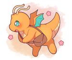 artist_name blush brown_bag dragonite floral_print from_side full_body green_eyes heart highres no_humans open_mouth pink_background pokemon pokemon_(creature) sevi_(seviyummy) star_(symbol) star_in_eye symbol_in_eye watermark white_background wings 
