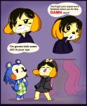 2021 3_toes 4_fingers animal_crossing anthro apron apron_only bangs barefoot black_border black_bottomwear black_clothing black_dress_shirt black_eyes black_hair black_nose black_skirt black_suit blue_body blue_fur blue_hair blue_tail bodily_fluids border bottomwear bully canid canine canis cheek_spots closed_smile clothed clothed_anthro clothed_female clothing colored cookieboy011 dancing dialogue digital_drawing_(artwork) digital_media_(artwork) domestic_dog duo english_description english_text eulipotyphlan eyes_closed feet female fingers fist floppy_ears fully_clothed fully_clothed_anthro fully_clothed_female fur green_apron green_clothing hair half-closed_eyes hedgehog isabelle_(animal_crossing) light lighting looking_at_another looking_at_viewer lop_ears mabel_able mammal marvel mouth_closed multiple_images narrowed_eyes nintendo open_mouth open_smile open_suit orange_cheeks orange_ears pattern_apron pattern_clothing peter_parker pink_tongue plaid plaid_apron plaid_clothing pupils purple_background raised_arms red_curtains red_mouth shaded shih_tzu short_hair simple_background skirt smile speech_bubble spider-man_(series) standing suit sweat sweatdrop tail tan_body tan_fur tan_inner_ear teeth text toes tongue toy_dog white_pupils white_tail window_curtains yelling