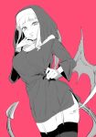  1girl atage copyright_request cowboy_shot demon_girl garter_straps habit hand_up hood hood_up long_sleeves looking_at_viewer nail_polish nun pajamas_challenge pink_background simple_background skindentation smile solo standing tail thighhighs veil wings 
